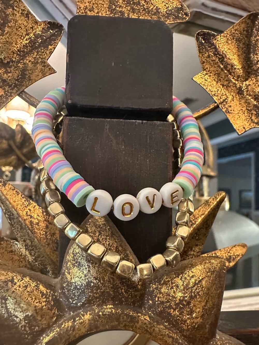LOVE Beaded Stretch Bracelet Set - Pastel Rainbow & Gold